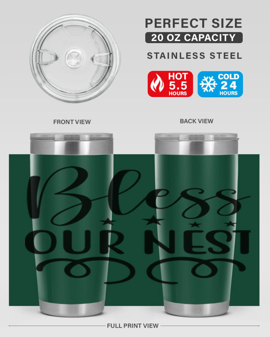 Bless Our Nest 20oz Tumbler in stainless steel with a vibrant printed design, showcasing its double wall vacuum insulation and drink-thru lid.