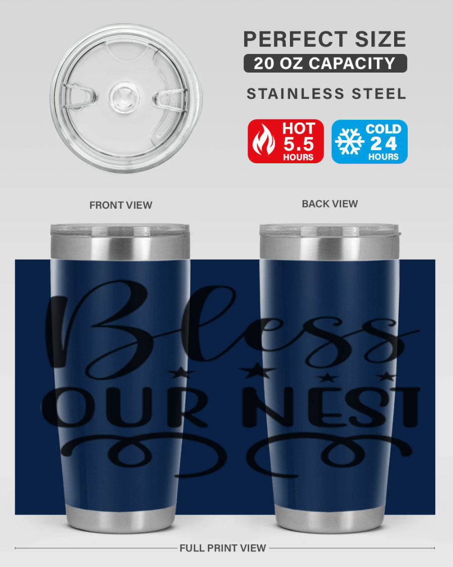 Bless Our Nest 20oz Tumbler in stainless steel with a vibrant printed design, showcasing its double wall vacuum insulation and drink-thru lid.