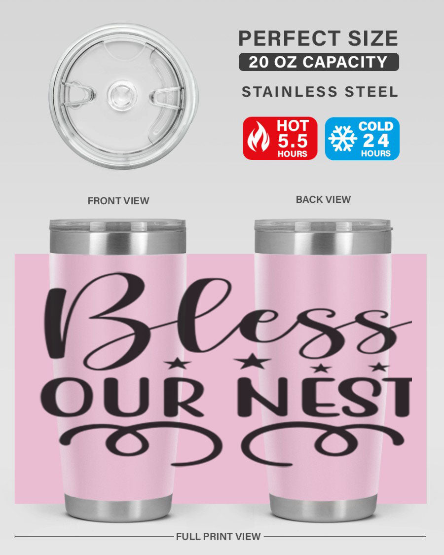 Bless Our Nest 20oz Tumbler in stainless steel with a vibrant printed design, showcasing its double wall vacuum insulation and drink-thru lid.