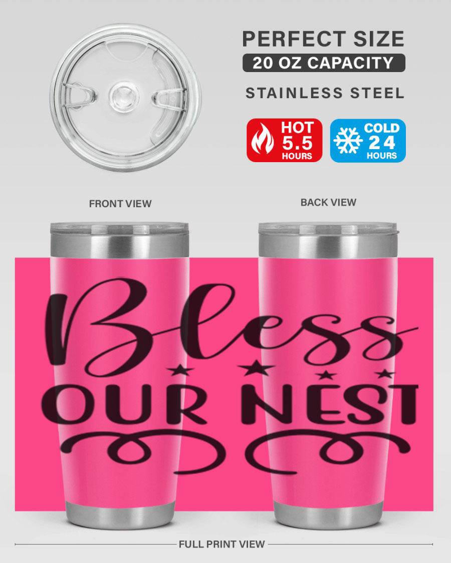 Bless Our Nest 20oz Tumbler in stainless steel with a vibrant printed design, showcasing its double wall vacuum insulation and drink-thru lid.