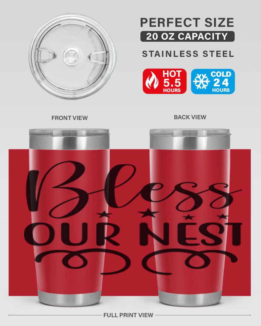 Bless Our Nest 20oz Tumbler in stainless steel with a vibrant printed design, showcasing its double wall vacuum insulation and drink-thru lid.