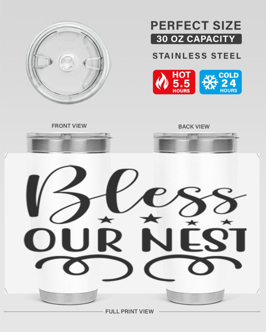 Bless Our Nest 20oz Tumbler in stainless steel with a vibrant printed design, showcasing its double wall vacuum insulation and drink-thru lid.