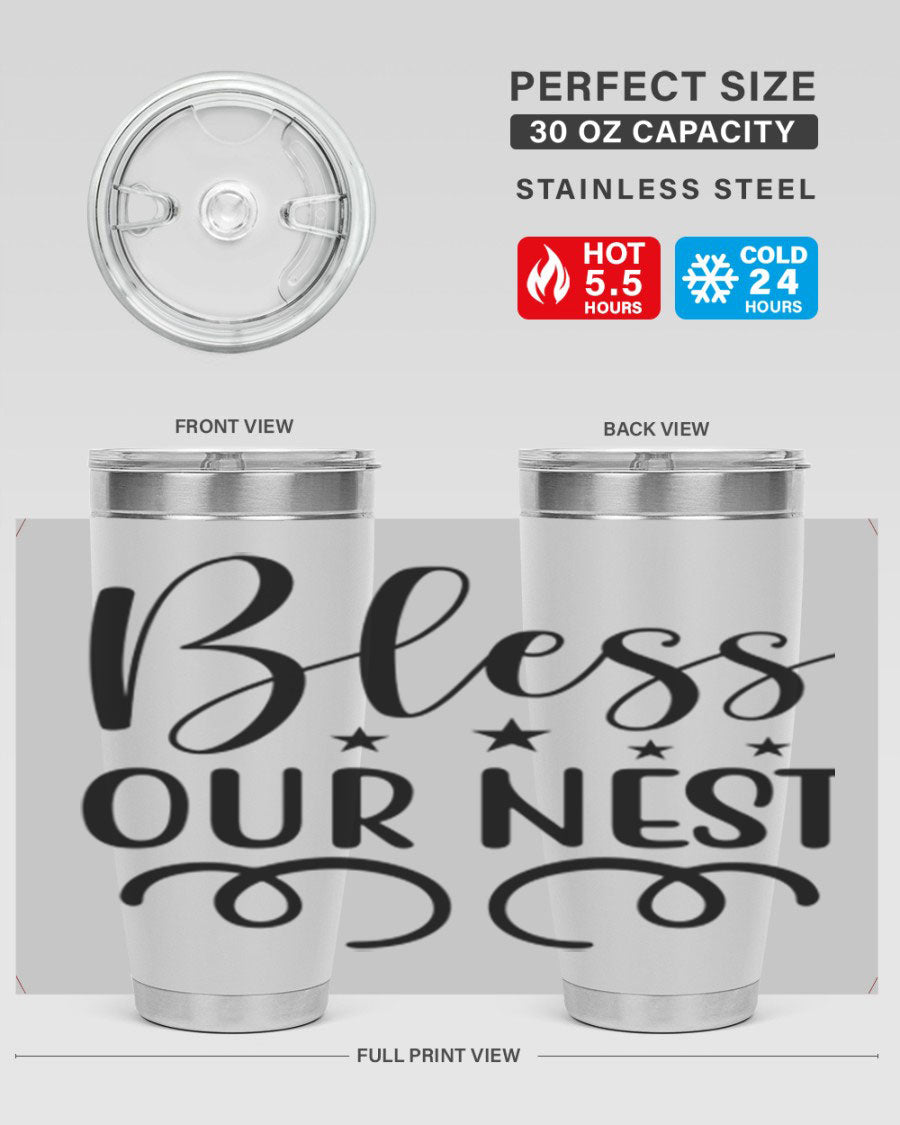 Bless Our Nest 20oz Tumbler in stainless steel with a vibrant printed design, showcasing its double wall vacuum insulation and drink-thru lid.