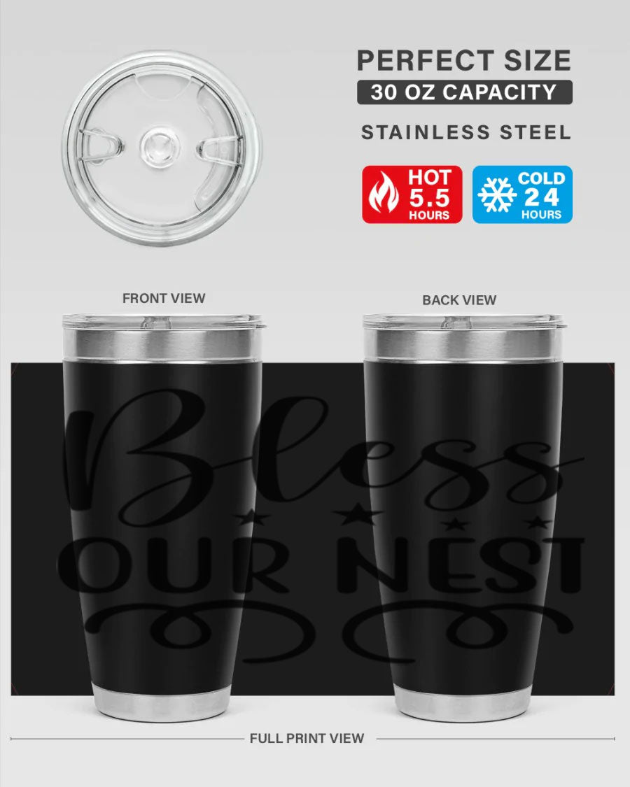 Bless Our Nest 20oz Tumbler in stainless steel with a vibrant printed design, showcasing its double wall vacuum insulation and drink-thru lid.