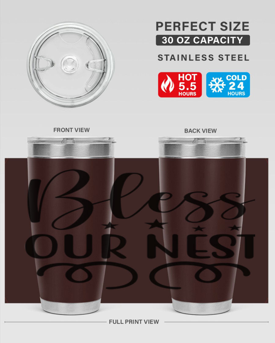 Bless Our Nest 20oz Tumbler in stainless steel with a vibrant printed design, showcasing its double wall vacuum insulation and drink-thru lid.