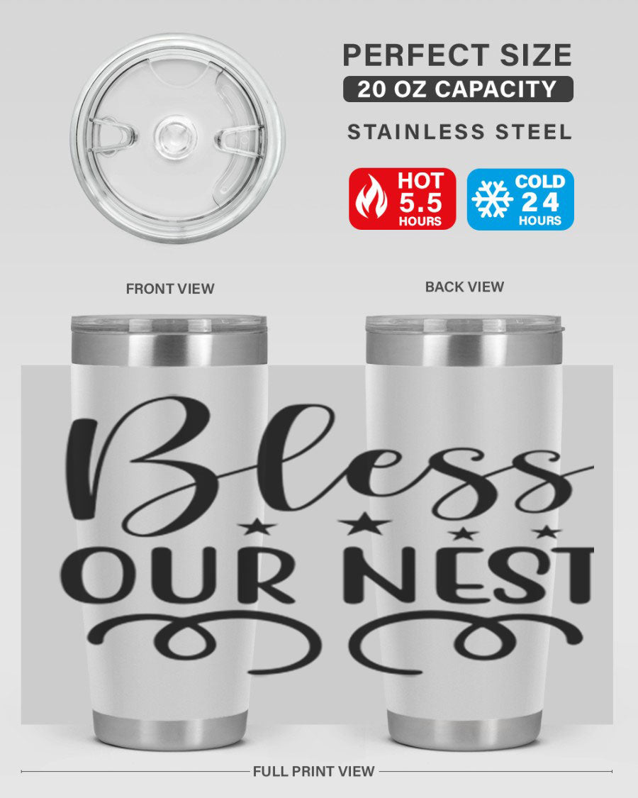 Bless Our Nest 20oz Tumbler in stainless steel with a vibrant printed design, showcasing its double wall vacuum insulation and drink-thru lid.