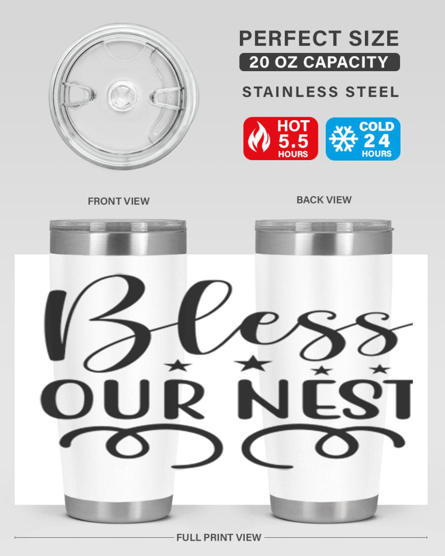 Bless Our Nest 20oz Tumbler in stainless steel with a vibrant printed design, showcasing its double wall vacuum insulation and drink-thru lid.