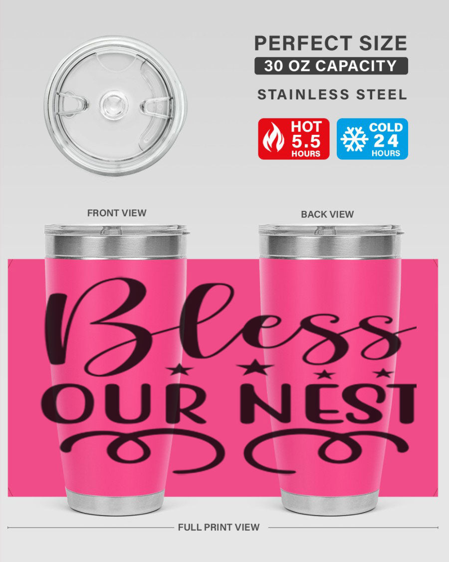 Bless Our Nest 20oz Tumbler in stainless steel with a vibrant printed design, showcasing its double wall vacuum insulation and drink-thru lid.