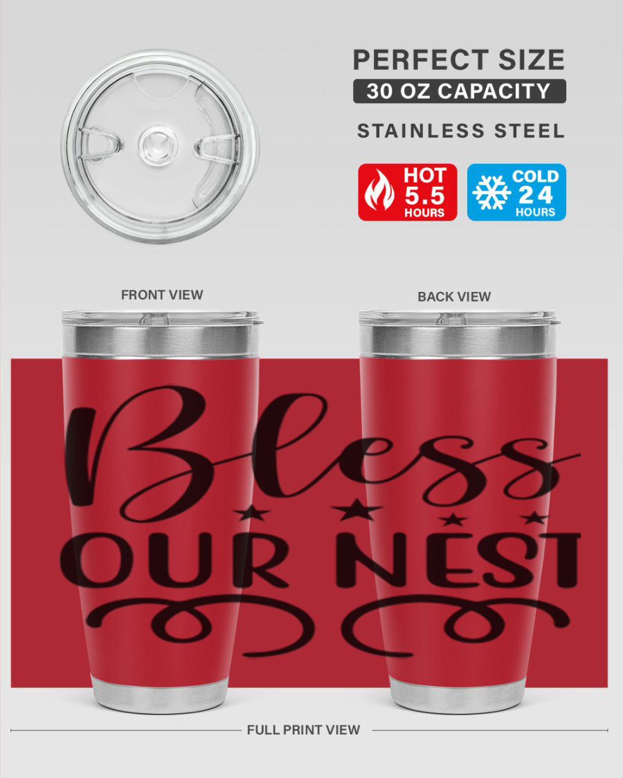 Bless Our Nest 20oz Tumbler in stainless steel with a vibrant printed design, showcasing its double wall vacuum insulation and drink-thru lid.