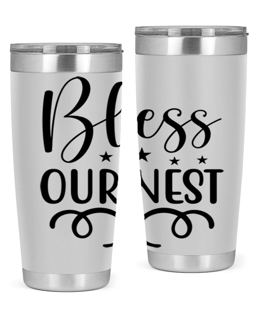 Bless Our Nest 20oz Tumbler in stainless steel with a vibrant printed design, showcasing its double wall vacuum insulation and drink-thru lid.