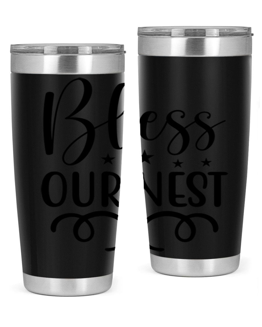 Bless Our Nest 20oz Tumbler in stainless steel with a vibrant printed design, showcasing its double wall vacuum insulation and drink-thru lid.