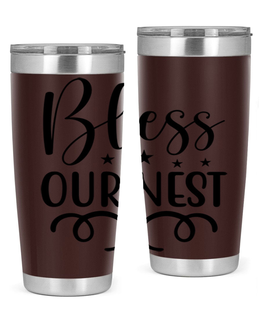 Bless Our Nest 20oz Tumbler in stainless steel with a vibrant printed design, showcasing its double wall vacuum insulation and drink-thru lid.