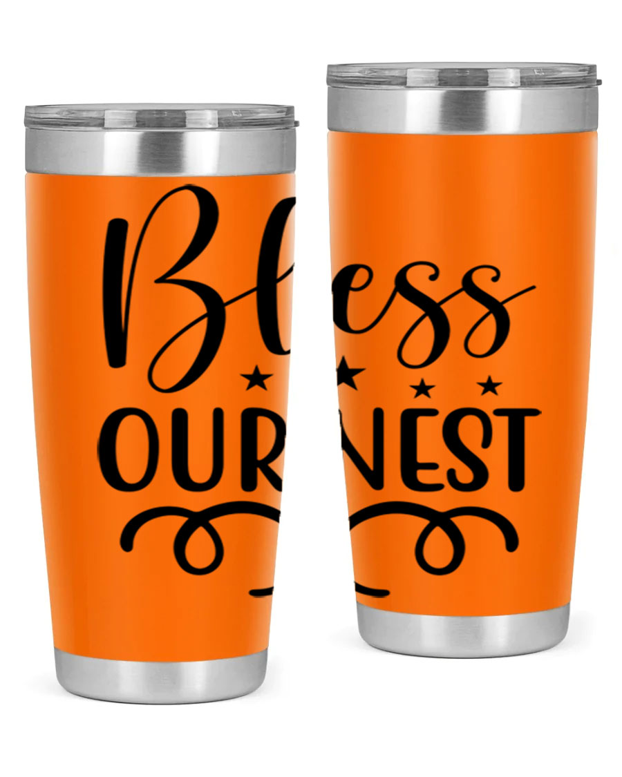 Bless Our Nest 20oz Tumbler in stainless steel with a vibrant printed design, showcasing its double wall vacuum insulation and drink-thru lid.