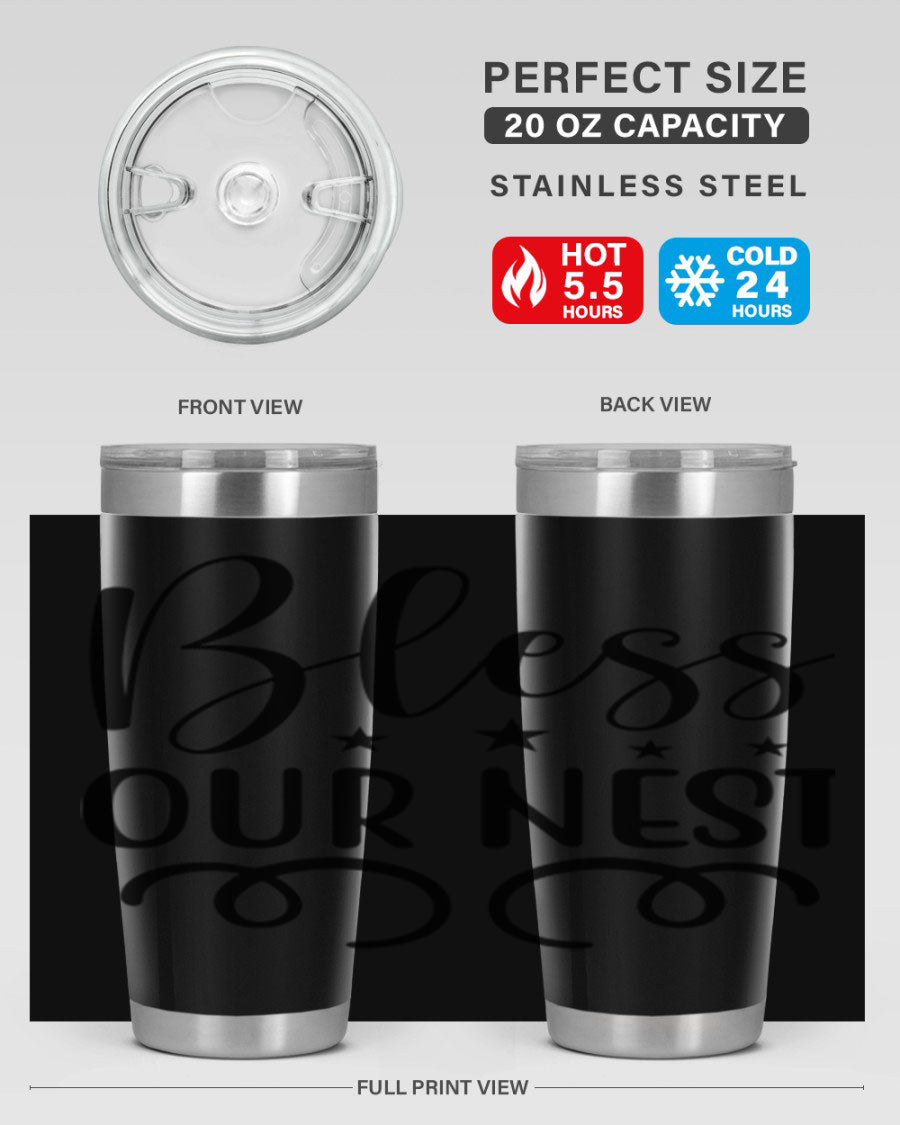 Bless Our Nest 20oz Tumbler in stainless steel with a vibrant printed design, showcasing its double wall vacuum insulation and drink-thru lid.