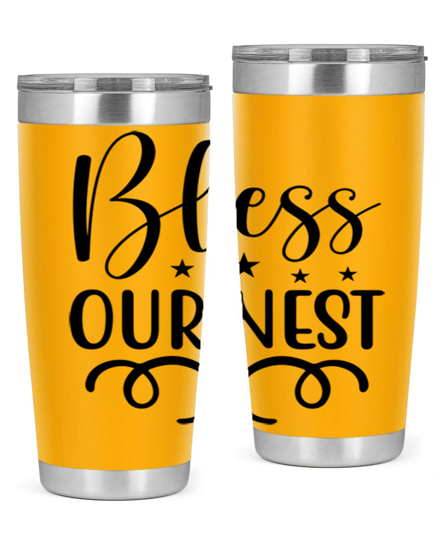 Bless Our Nest 20oz Tumbler in stainless steel with a vibrant printed design, showcasing its double wall vacuum insulation and drink-thru lid.