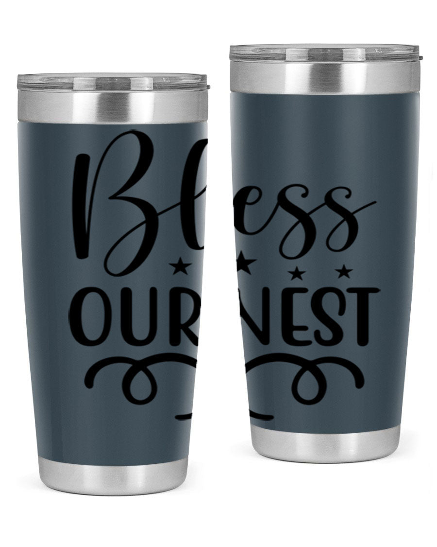 Bless Our Nest 20oz Tumbler in stainless steel with a vibrant printed design, showcasing its double wall vacuum insulation and drink-thru lid.