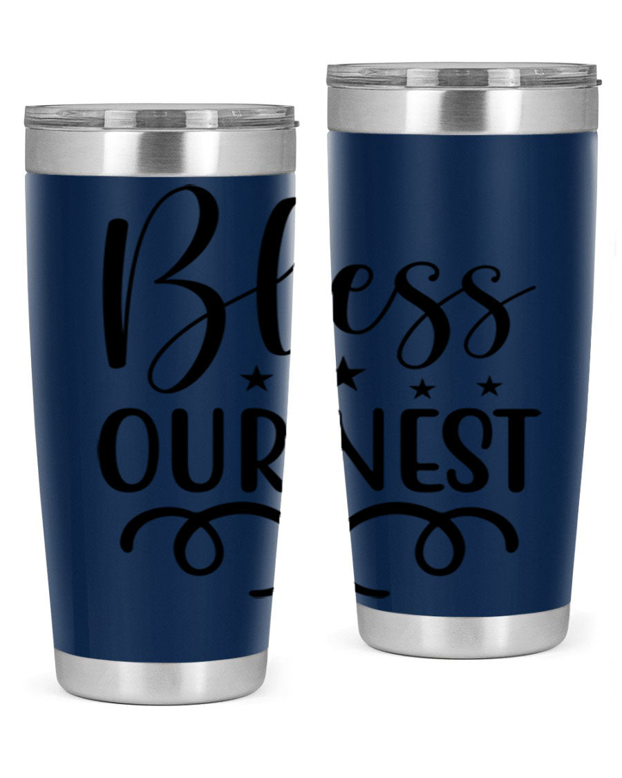 Bless Our Nest 20oz Tumbler in stainless steel with a vibrant printed design, showcasing its double wall vacuum insulation and drink-thru lid.