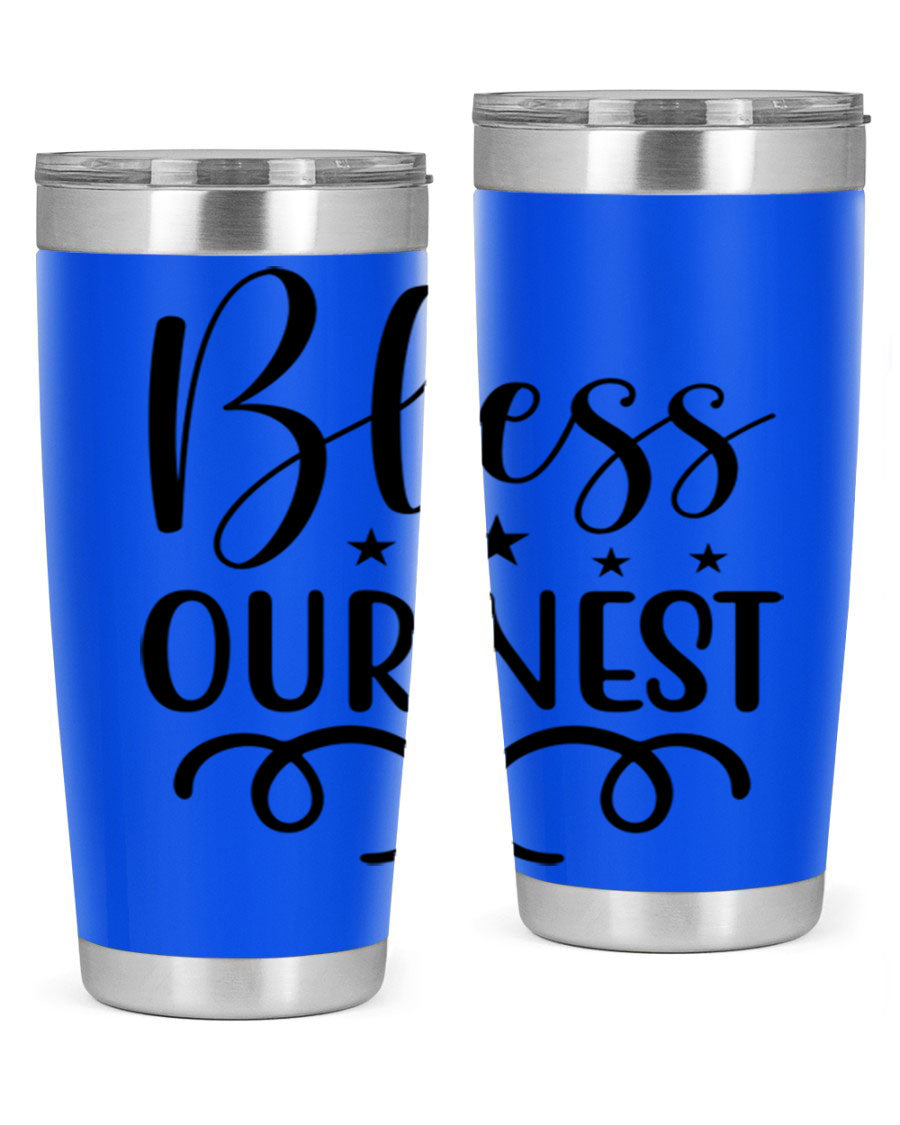 Bless Our Nest 20oz Tumbler in stainless steel with a vibrant printed design, showcasing its double wall vacuum insulation and drink-thru lid.