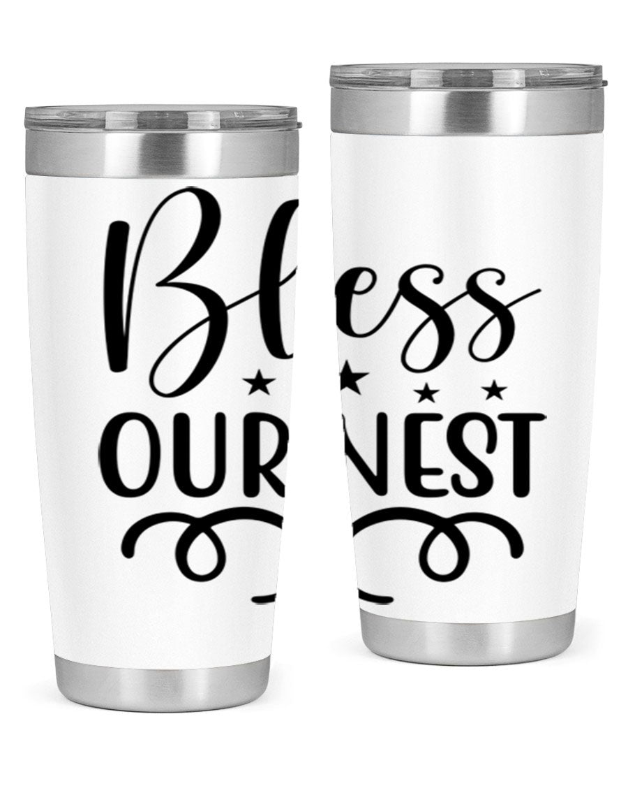 Bless Our Nest 20oz Tumbler in stainless steel with a vibrant printed design, showcasing its double wall vacuum insulation and drink-thru lid.