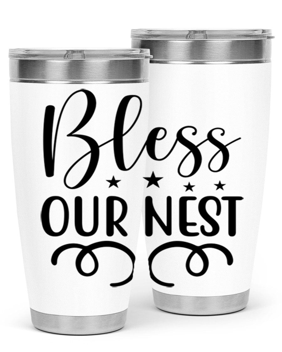 Bless Our Nest 20oz Tumbler in stainless steel with a vibrant printed design, showcasing its double wall vacuum insulation and drink-thru lid.