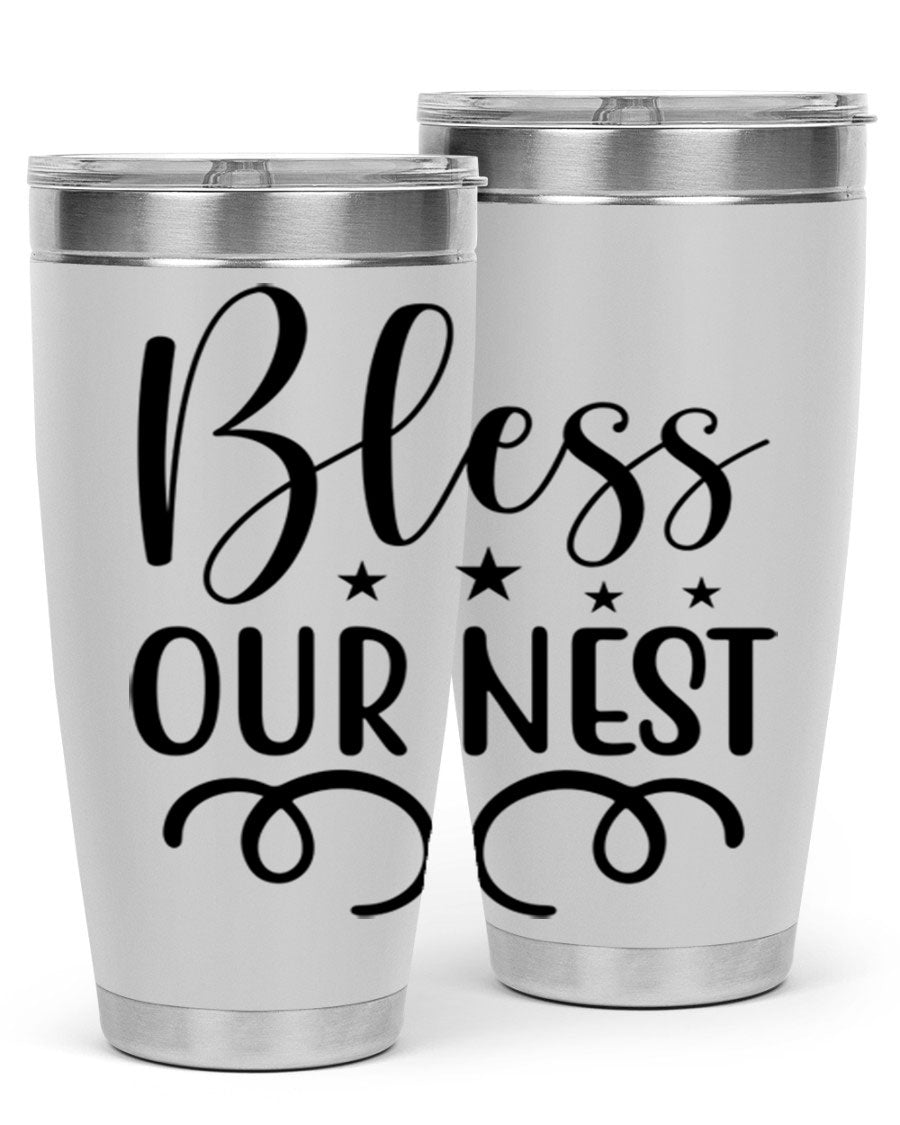 Bless Our Nest 20oz Tumbler in stainless steel with a vibrant printed design, showcasing its double wall vacuum insulation and drink-thru lid.