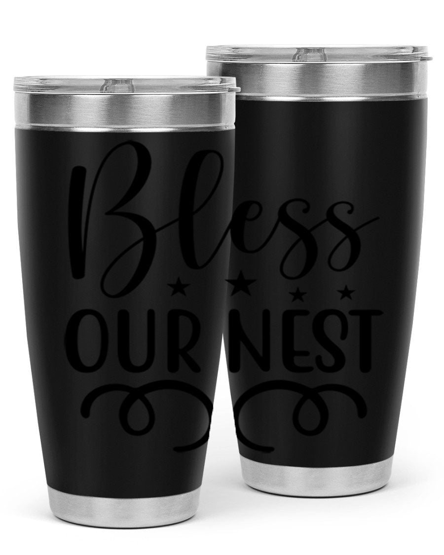 Bless Our Nest 20oz Tumbler in stainless steel with a vibrant printed design, showcasing its double wall vacuum insulation and drink-thru lid.