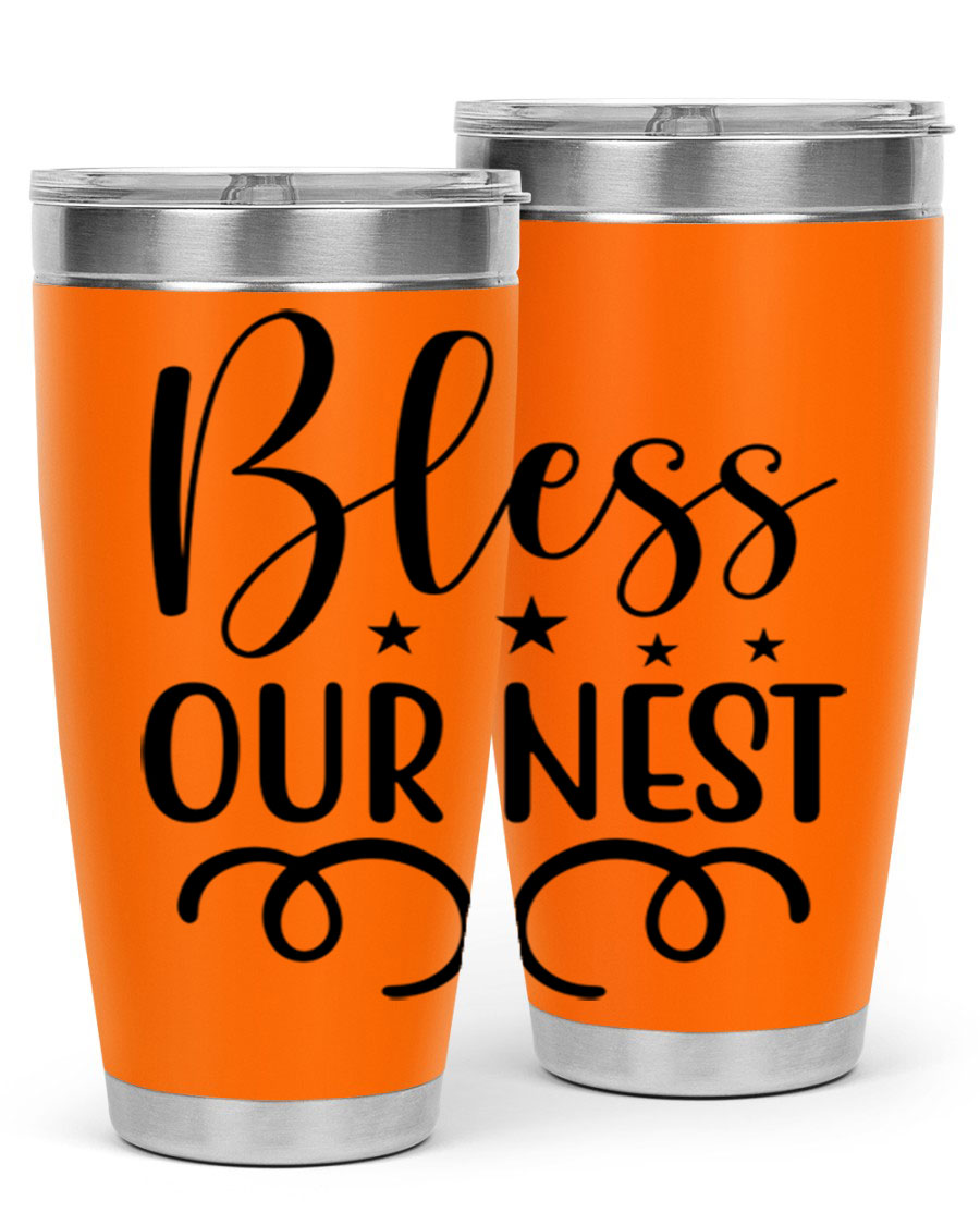 Bless Our Nest 20oz Tumbler in stainless steel with a vibrant printed design, showcasing its double wall vacuum insulation and drink-thru lid.