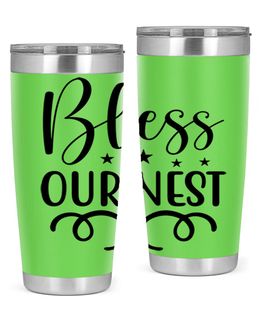 Bless Our Nest 20oz Tumbler in stainless steel with a vibrant printed design, showcasing its double wall vacuum insulation and drink-thru lid.