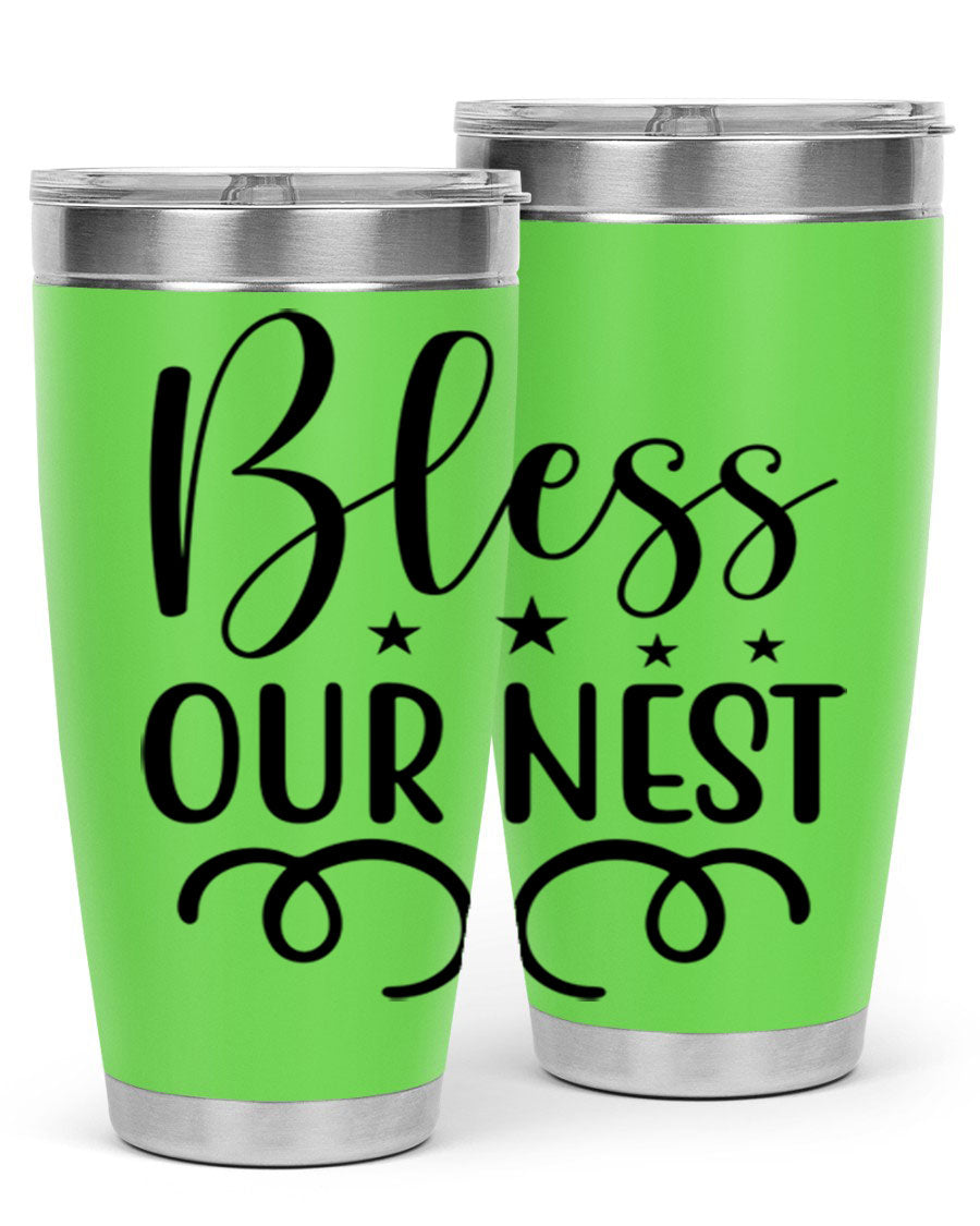 Bless Our Nest 20oz Tumbler in stainless steel with a vibrant printed design, showcasing its double wall vacuum insulation and drink-thru lid.