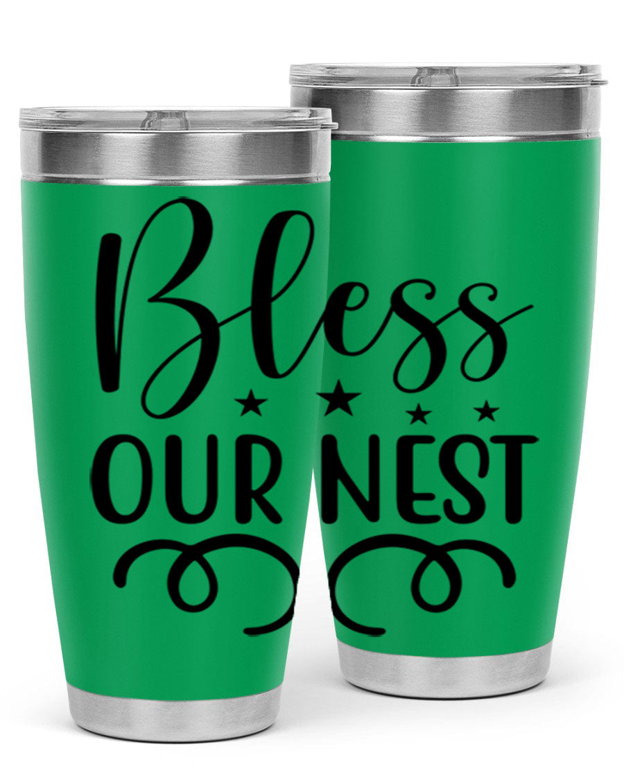 Bless Our Nest 20oz Tumbler in stainless steel with a vibrant printed design, showcasing its double wall vacuum insulation and drink-thru lid.