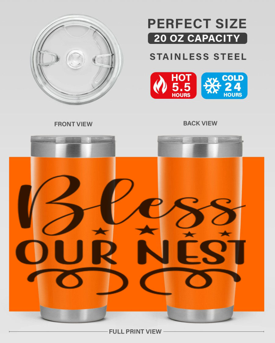 Bless Our Nest 20oz Tumbler in stainless steel with a vibrant printed design, showcasing its double wall vacuum insulation and drink-thru lid.