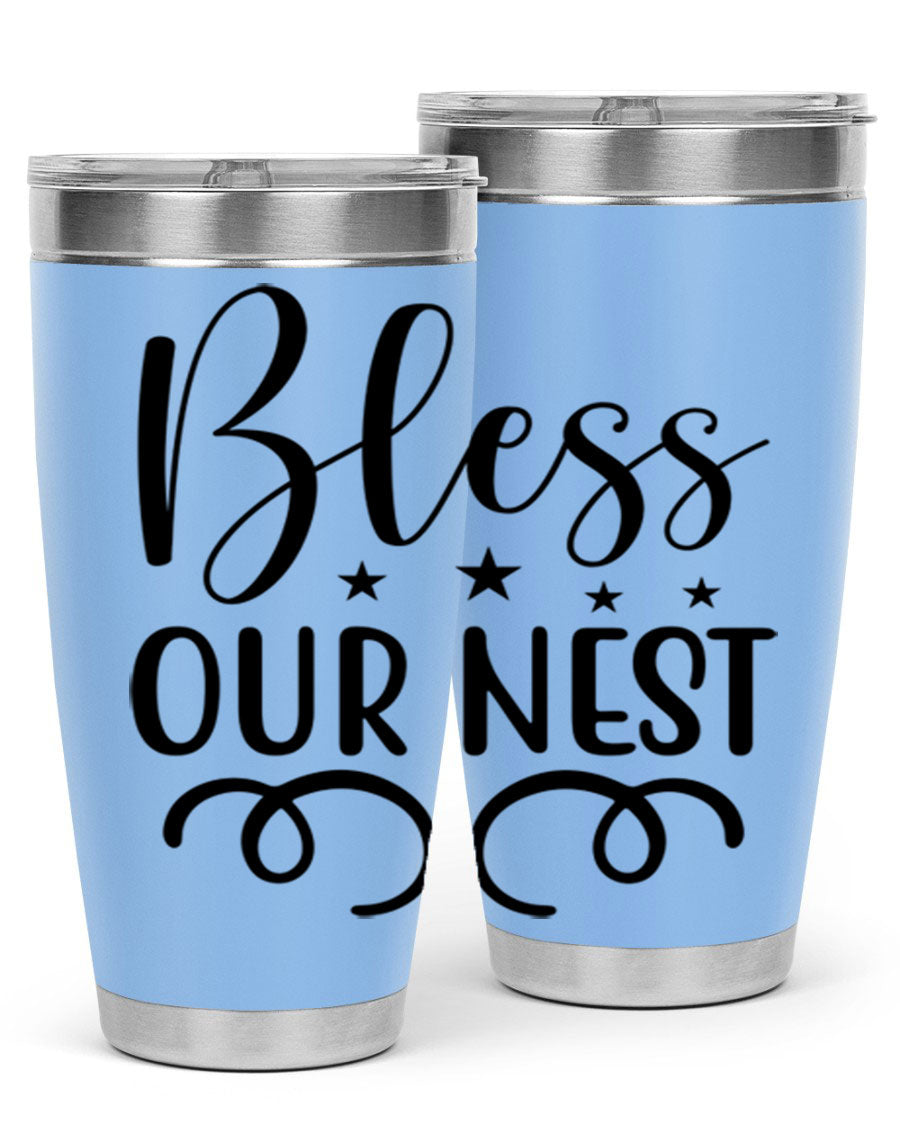 Bless Our Nest 20oz Tumbler in stainless steel with a vibrant printed design, showcasing its double wall vacuum insulation and drink-thru lid.