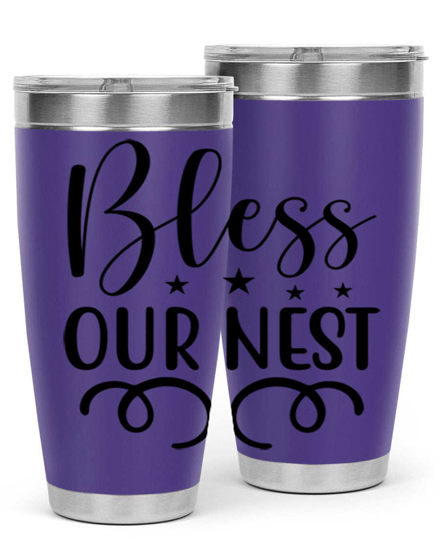 Bless Our Nest 20oz Tumbler in stainless steel with a vibrant printed design, showcasing its double wall vacuum insulation and drink-thru lid.