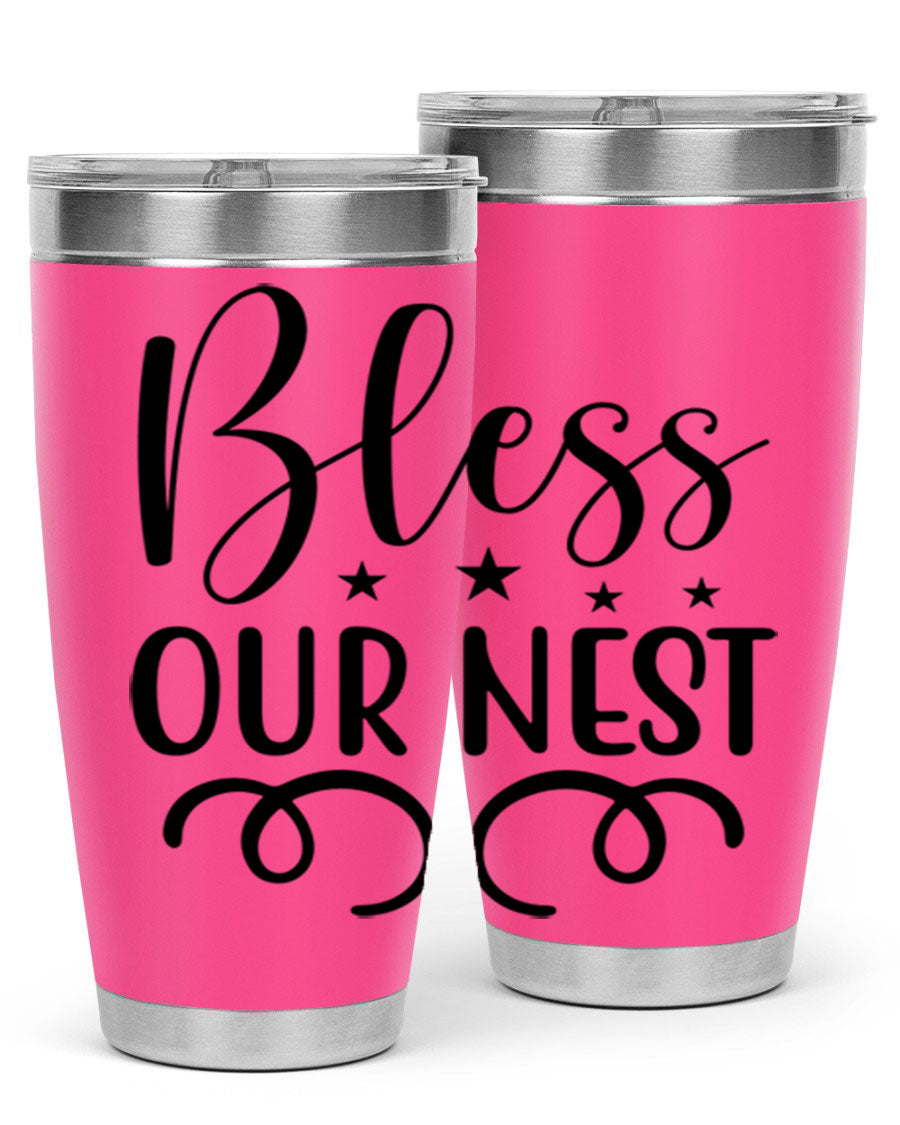 Bless Our Nest 20oz Tumbler in stainless steel with a vibrant printed design, showcasing its double wall vacuum insulation and drink-thru lid.