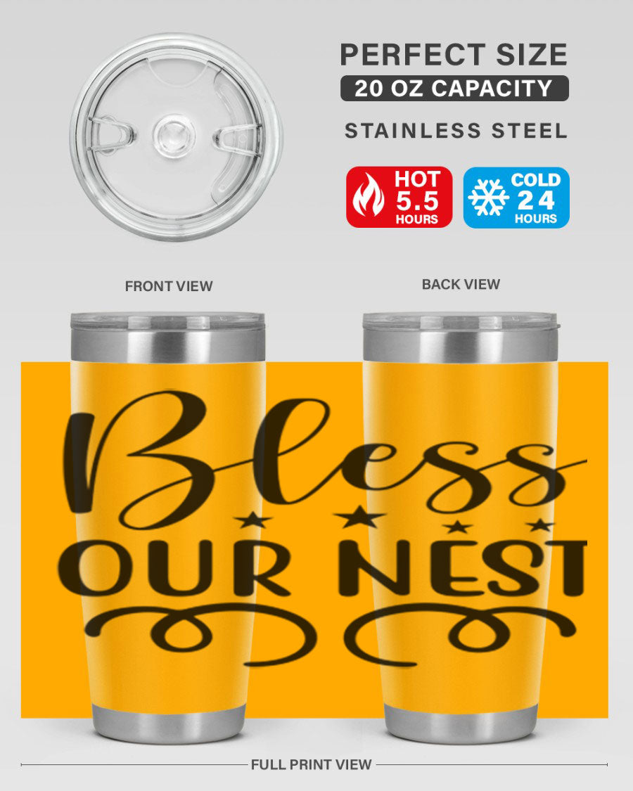 Bless Our Nest 20oz Tumbler in stainless steel with a vibrant printed design, showcasing its double wall vacuum insulation and drink-thru lid.