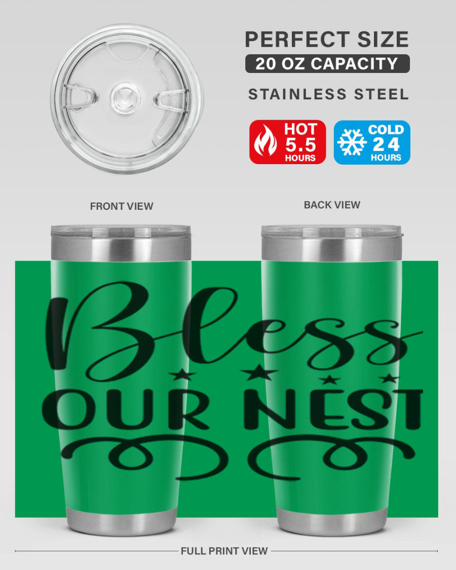 Bless Our Nest 20oz Tumbler in stainless steel with a vibrant printed design, showcasing its double wall vacuum insulation and drink-thru lid.