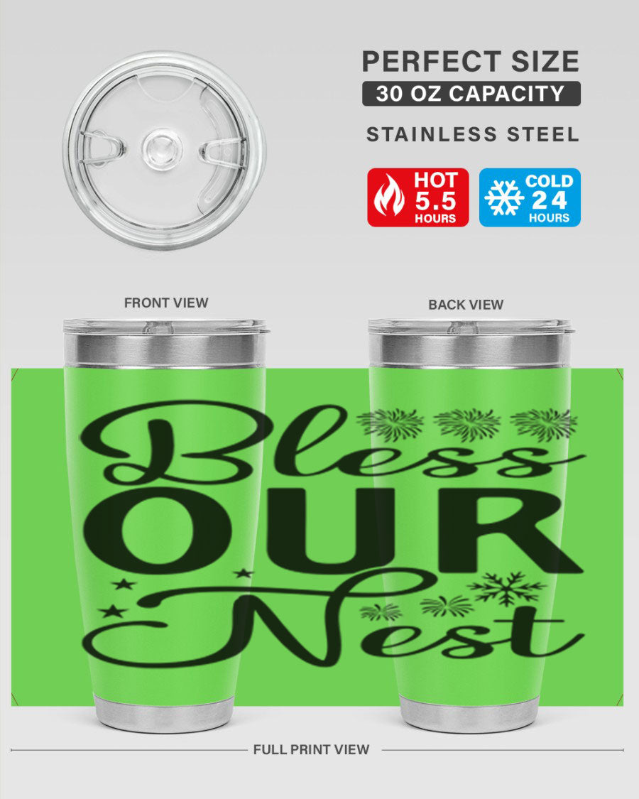 Bless Our Nest 20oz Tumbler featuring double wall vacuum stainless steel and a stylish design, perfect for hot and cold beverages.