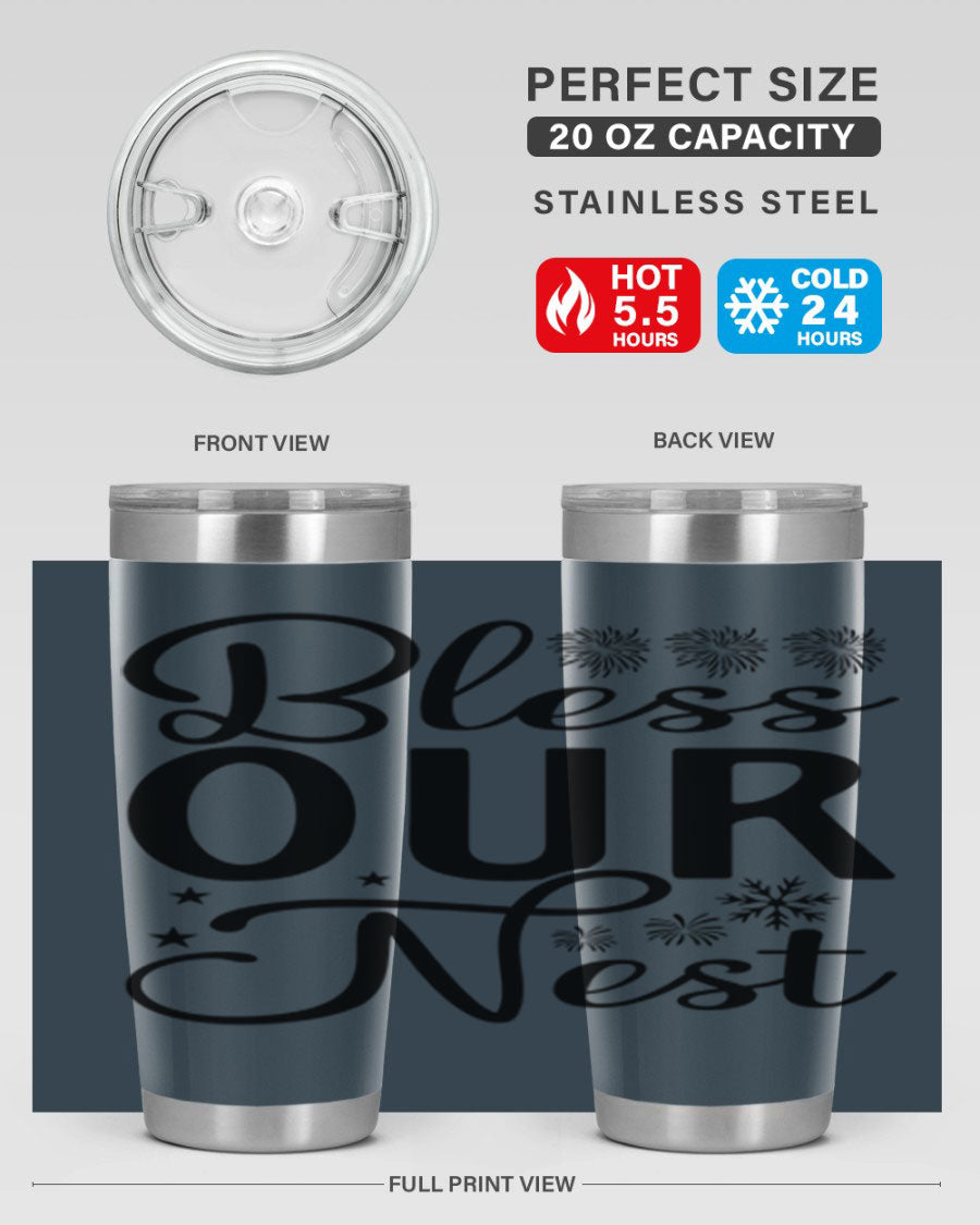 Bless Our Nest 20oz Tumbler featuring double wall vacuum stainless steel and a stylish design, perfect for hot and cold beverages.