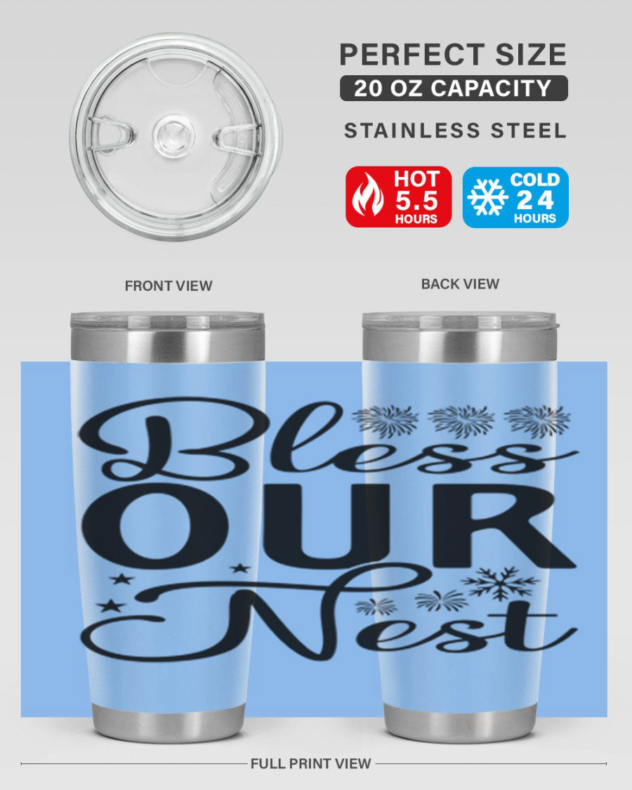 Bless Our Nest 20oz Tumbler featuring double wall vacuum stainless steel and a stylish design, perfect for hot and cold beverages.