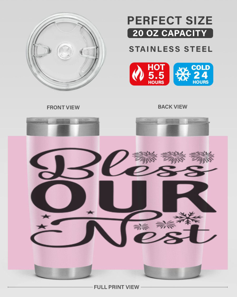 Bless Our Nest 20oz Tumbler featuring double wall vacuum stainless steel and a stylish design, perfect for hot and cold beverages.