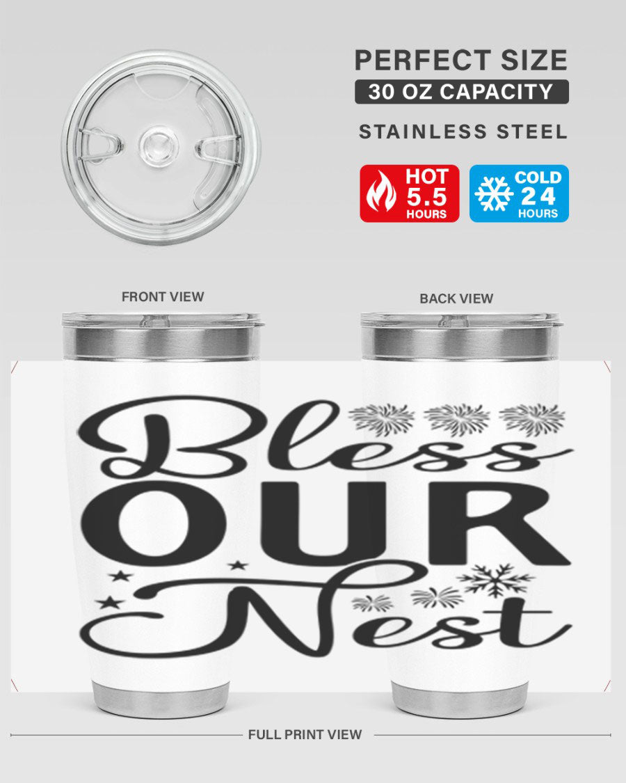 Bless Our Nest 20oz Tumbler featuring double wall vacuum stainless steel and a stylish design, perfect for hot and cold beverages.