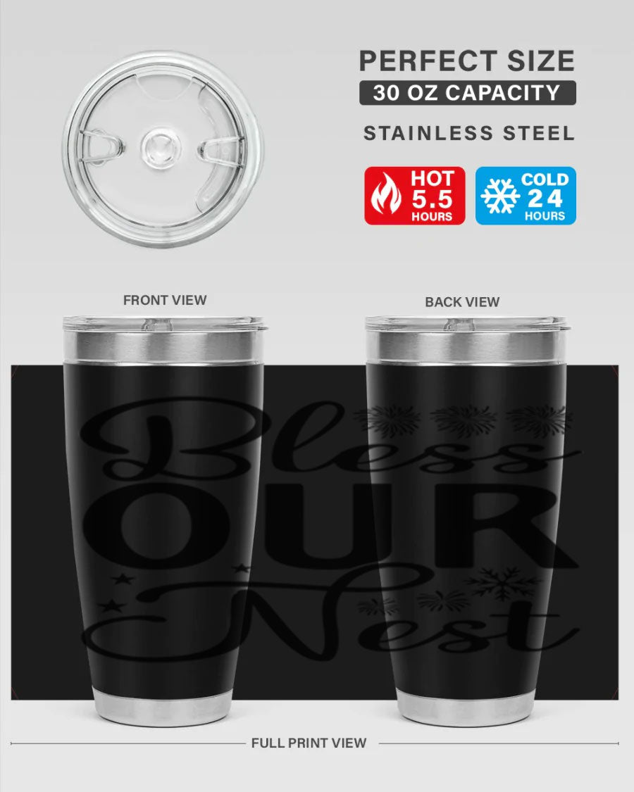 Bless Our Nest 20oz Tumbler featuring double wall vacuum stainless steel and a stylish design, perfect for hot and cold beverages.