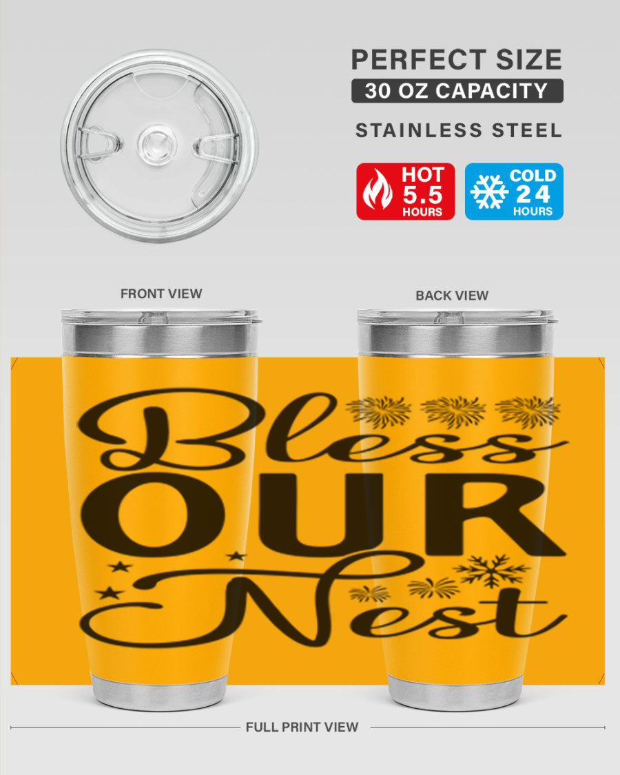 Bless Our Nest 20oz Tumbler featuring double wall vacuum stainless steel and a stylish design, perfect for hot and cold beverages.