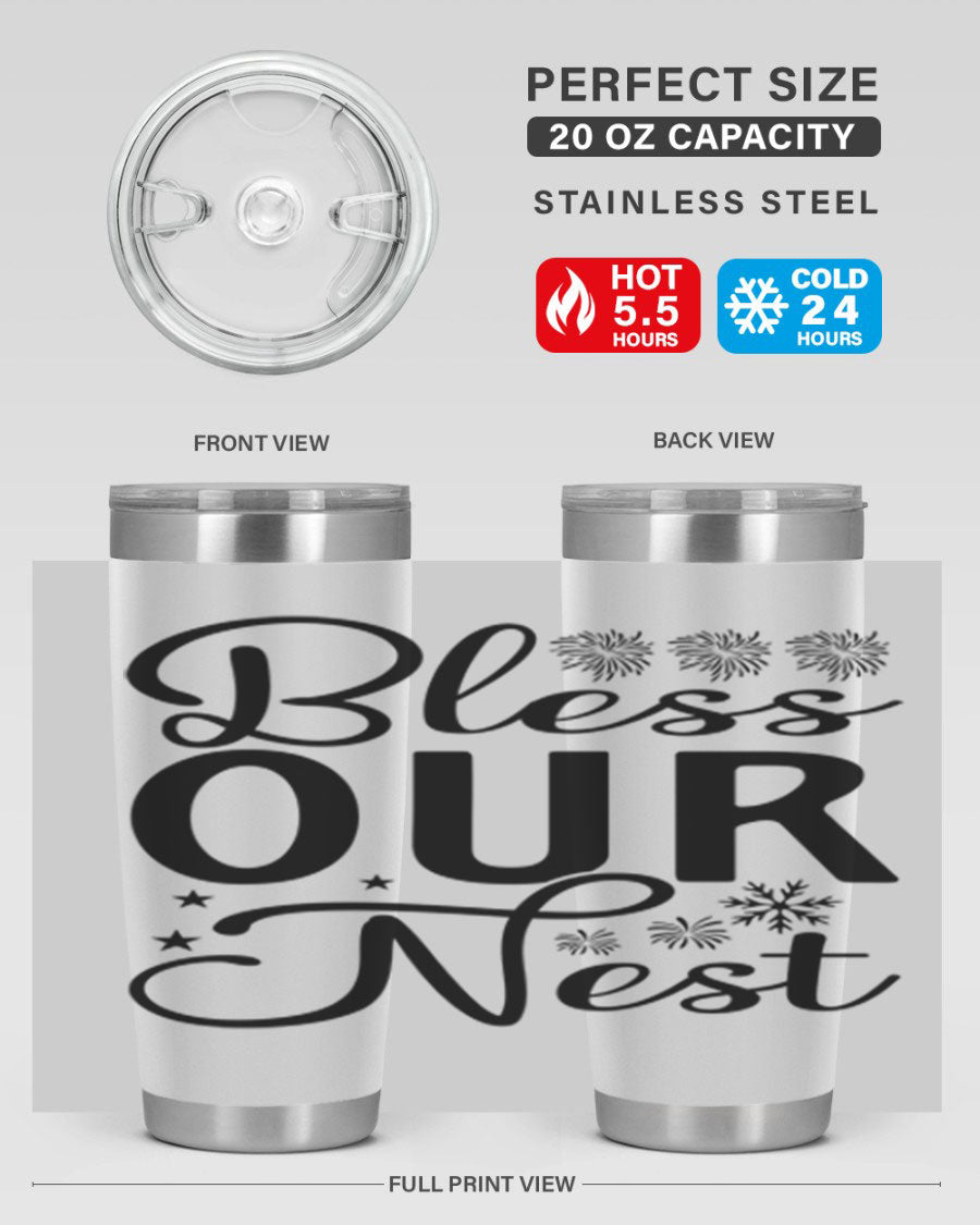 Bless Our Nest 20oz Tumbler featuring double wall vacuum stainless steel and a stylish design, perfect for hot and cold beverages.