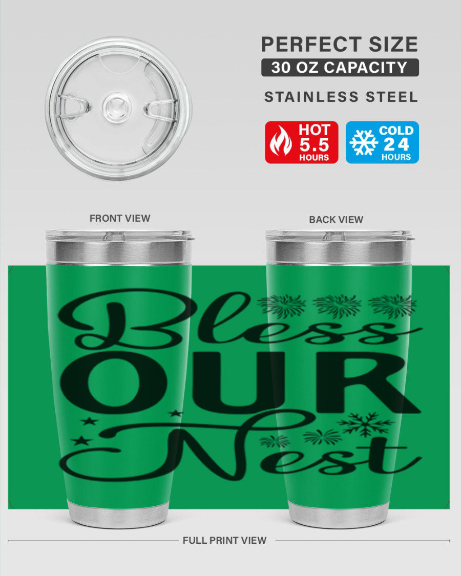 Bless Our Nest 20oz Tumbler featuring double wall vacuum stainless steel and a stylish design, perfect for hot and cold beverages.