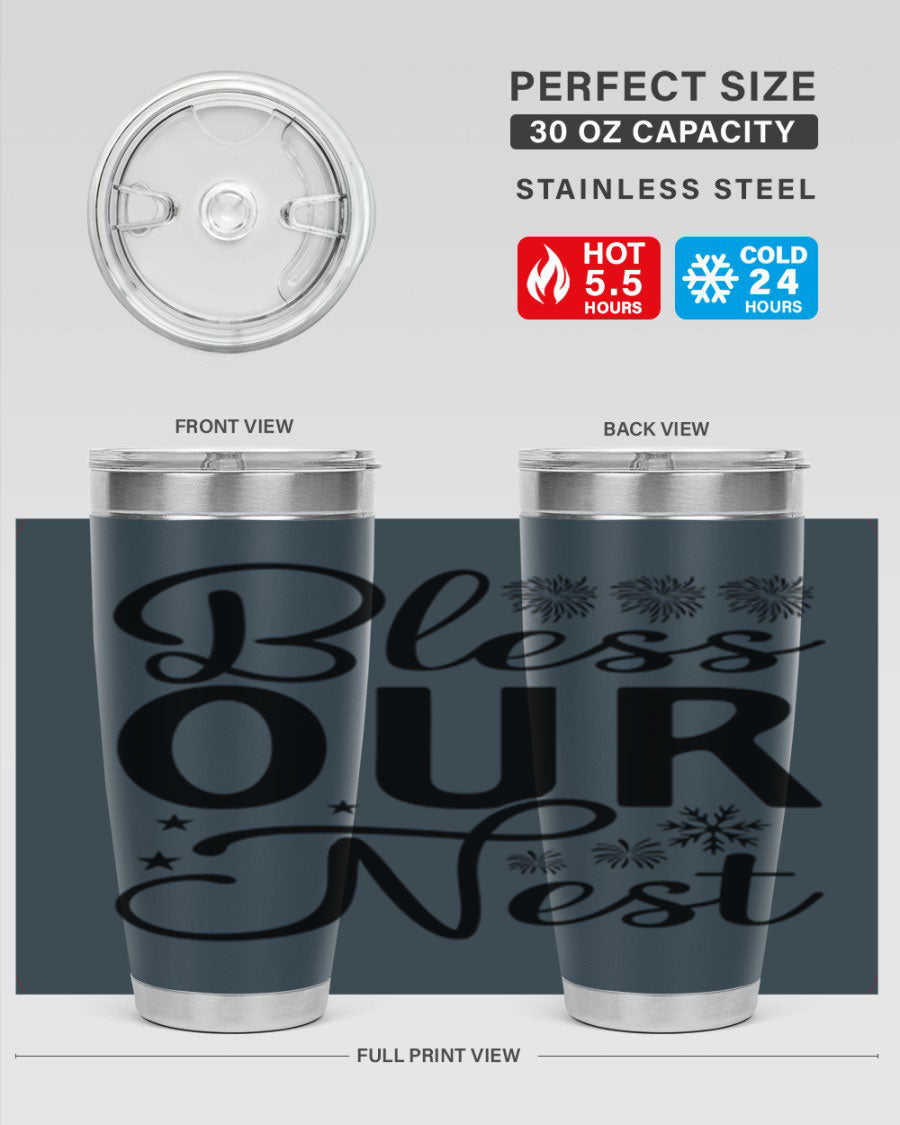 Bless Our Nest 20oz Tumbler featuring double wall vacuum stainless steel and a stylish design, perfect for hot and cold beverages.