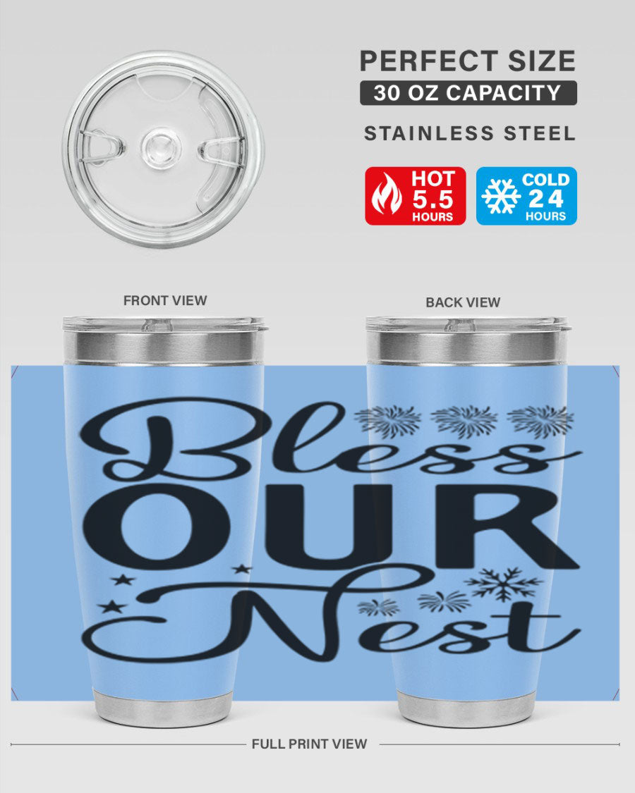 Bless Our Nest 20oz Tumbler featuring double wall vacuum stainless steel and a stylish design, perfect for hot and cold beverages.