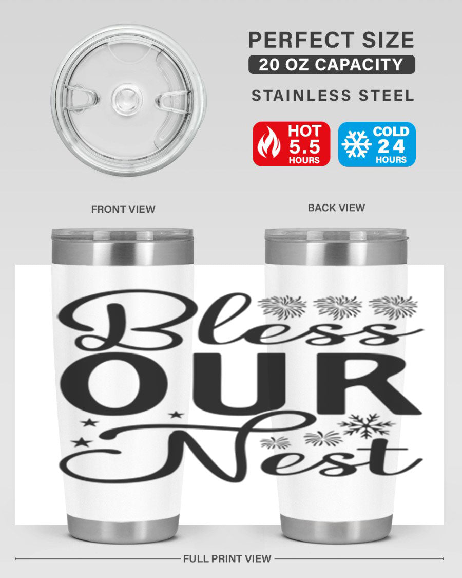 Bless Our Nest 20oz Tumbler featuring double wall vacuum stainless steel and a stylish design, perfect for hot and cold beverages.