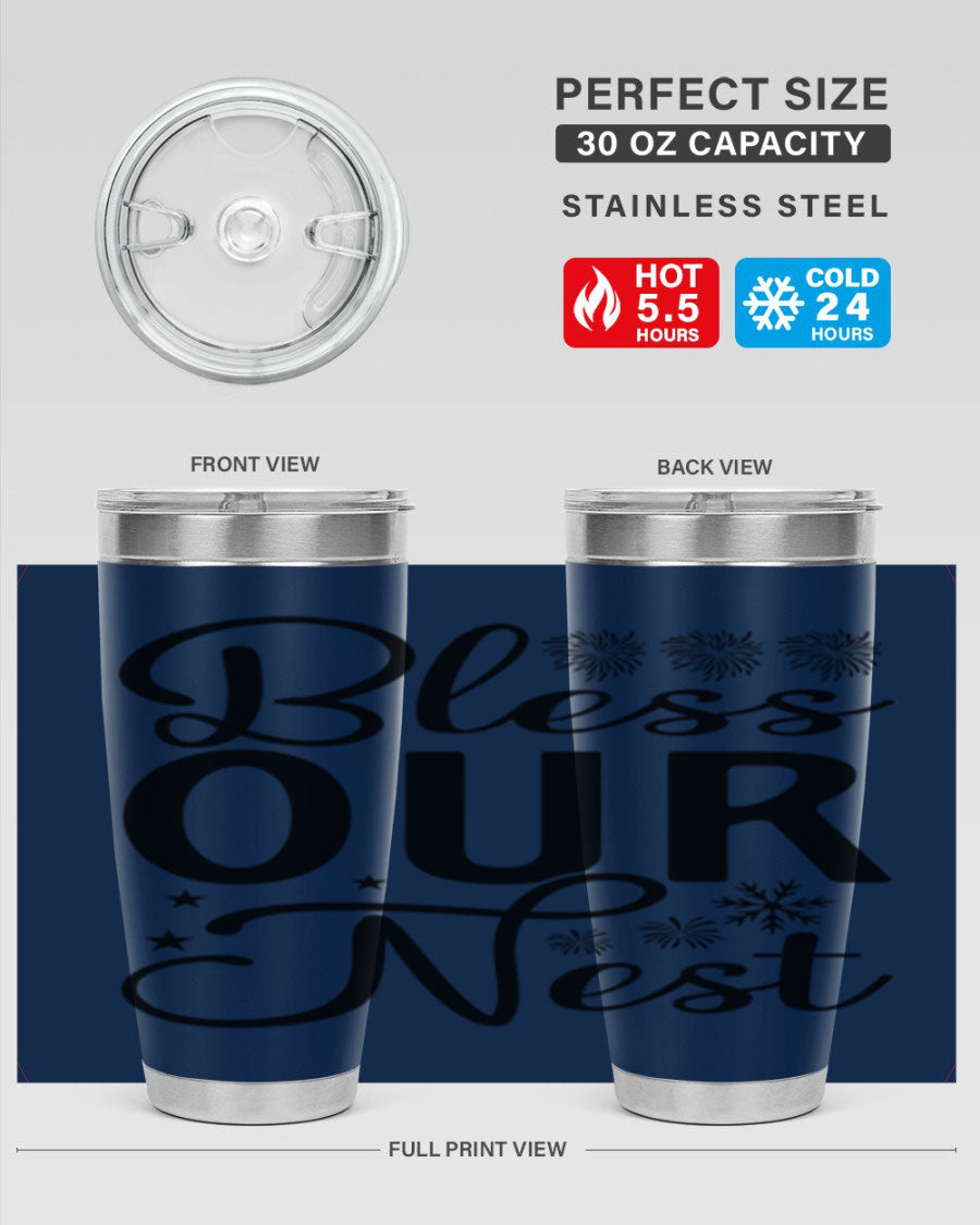 Bless Our Nest 20oz Tumbler featuring double wall vacuum stainless steel and a stylish design, perfect for hot and cold beverages.