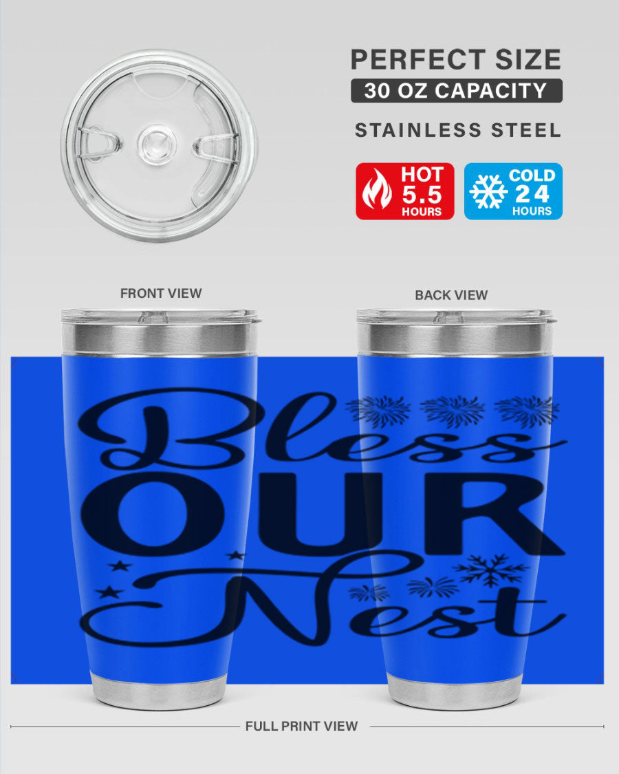 Bless Our Nest 20oz Tumbler featuring double wall vacuum stainless steel and a stylish design, perfect for hot and cold beverages.